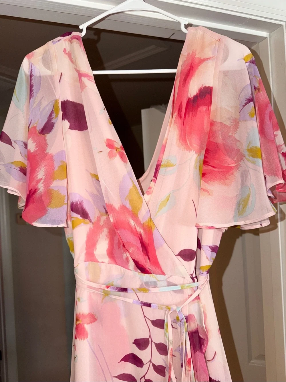 Taylor Pink Floral Wrap Maxi Dress with Flutter Sleeves